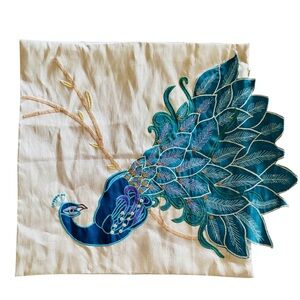 Embroidered 18 inch square pillow cover blue beaded peacock zip cover